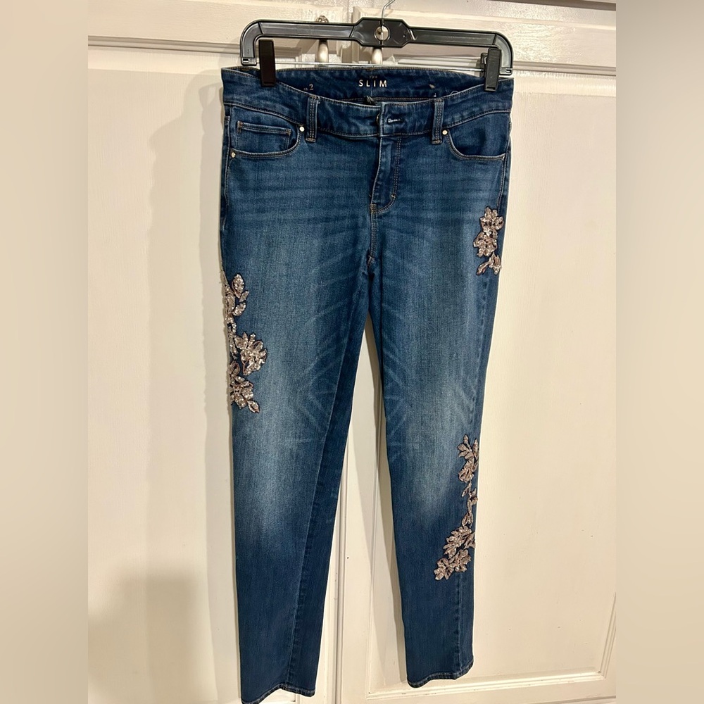 White House Black Market Blue Floral Skinny Jeans
